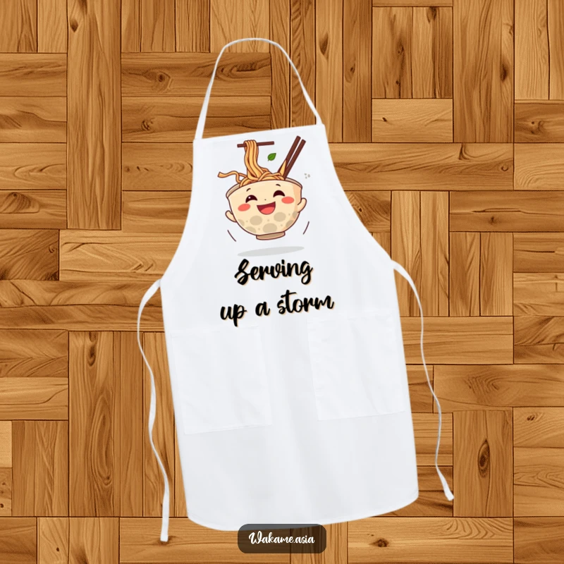 Funny apron with a grinning anthropomorphic ramen bowl spinning with noodles flying, a humorous and practical kitchen accessory for cooks.