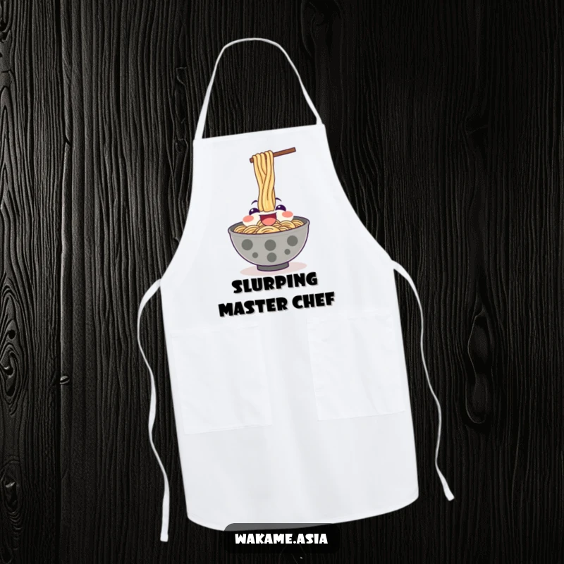 Funny apron featuring a happy ramen bowl character enthusiastically slurping noodles upwards.