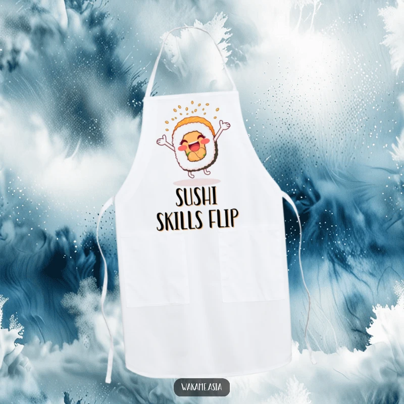 Funny apron featuring a cartwheeling, anthropomorphic sushi roll showering sesame seeds, perfect for a stylish and protected kitchen.
