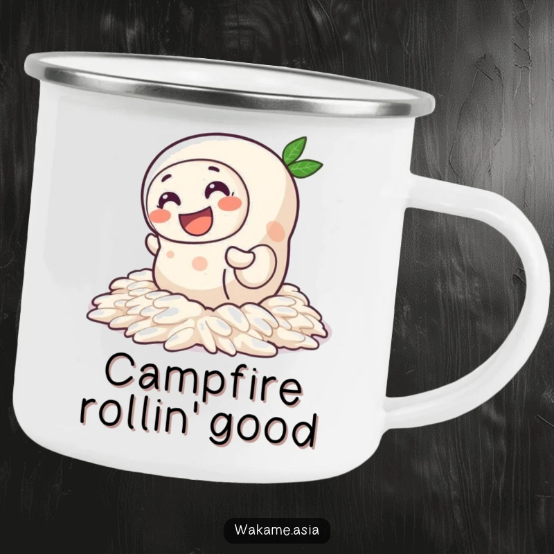 Funny Spring Roll Rice Camping Mug: A rugged mug showing a funny spring roll character wiggling across slick rice, perfect for camping trips.