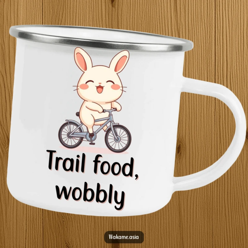 Funny bao bun character riding a tiny bicycle on a rugged camping mug, ideal for outdoor enthusiasts with a sense of humor.