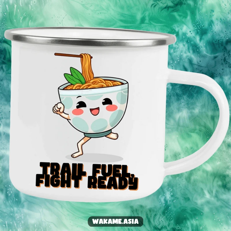 Funny camping mug featuring a cheerful, anthropomorphic ramen bowl with legs performing a martial arts kick, perfect for outdoor use.