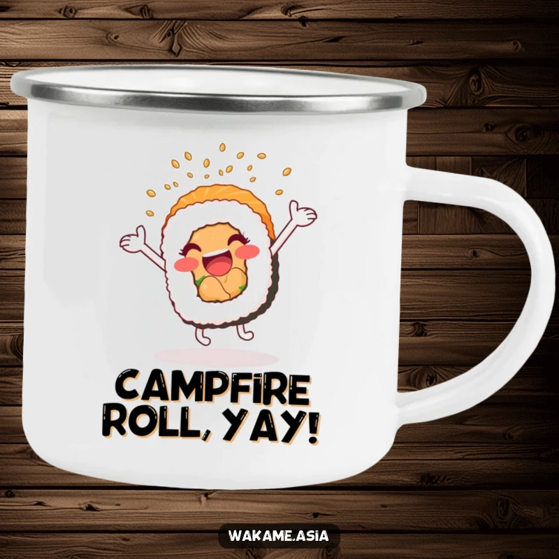 Funny camping mug featuring a cartwheeling, anthropomorphic sushi roll showering sesame seeds, perfect for outdoor use.