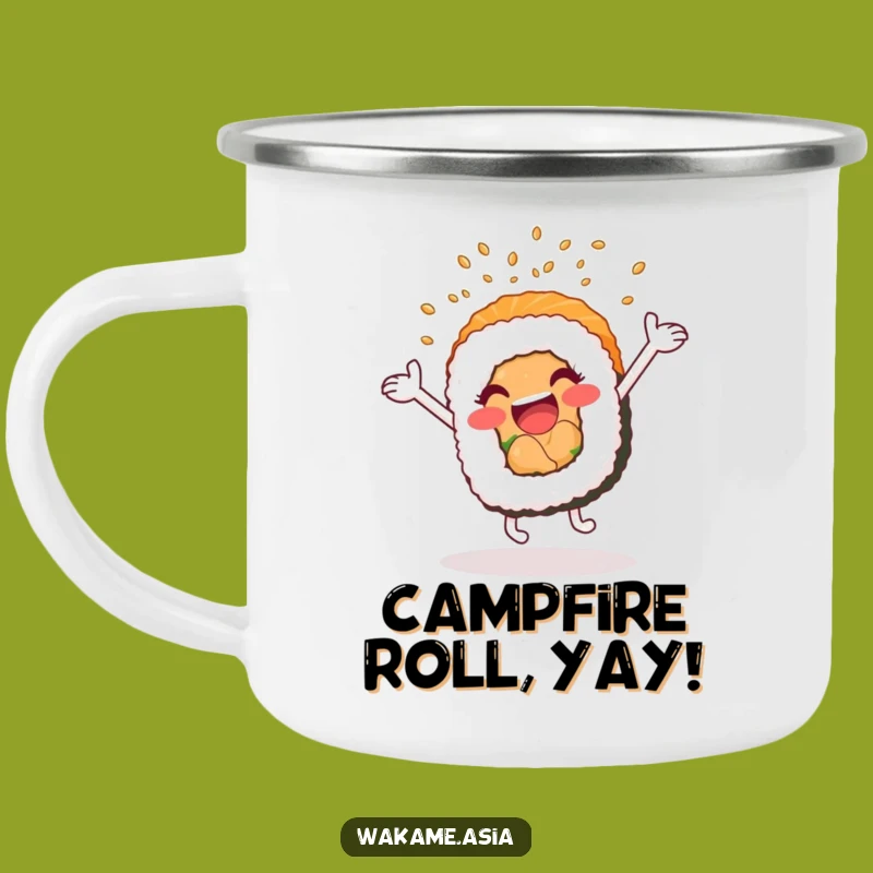 Funny Sushi Roll Cartwheel Camping Mug: Excited Nori Roll's Energetic Adventure Gift