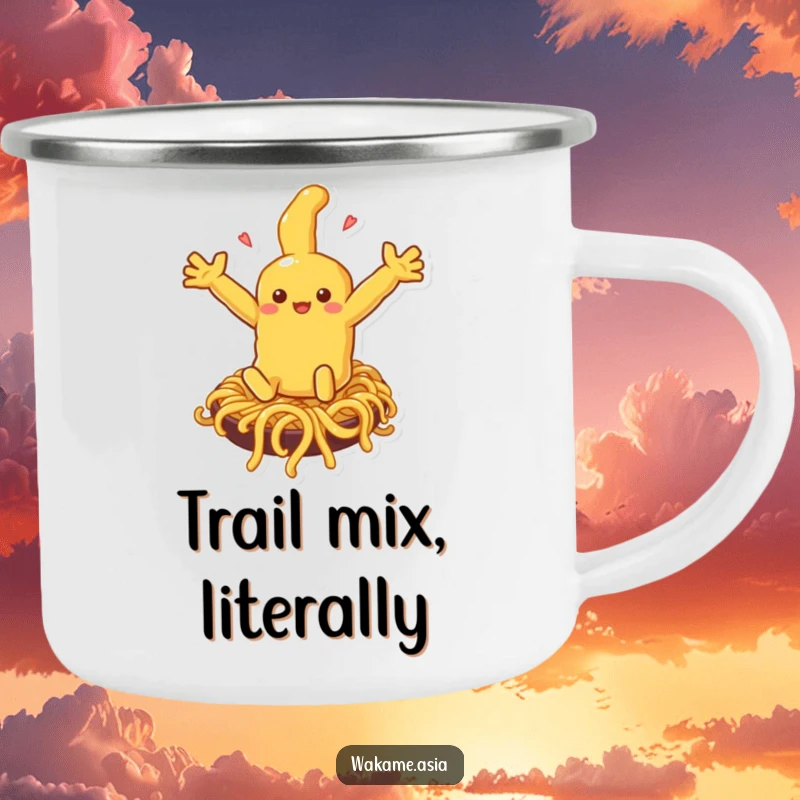 Funny tempura character sliding down a noodle slide on a rugged camping mug, perfect for outdoor adventures and humor.