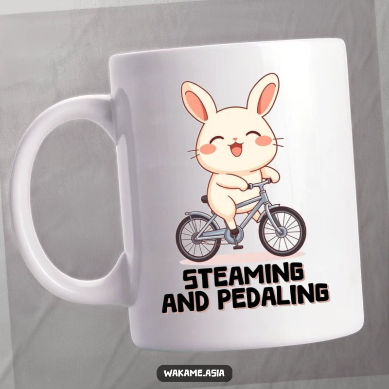 Funny anthropomorphic bao bun with stubby legs joyfully riding a tiny bicycle on a mug, conveying determination and humor.