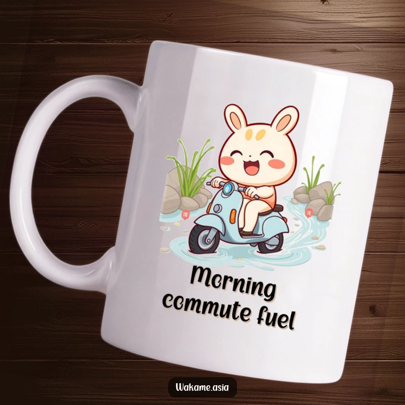 Funny mug with a smiling bao bun character joyfully riding a tiny scooter through a stream of noodles.