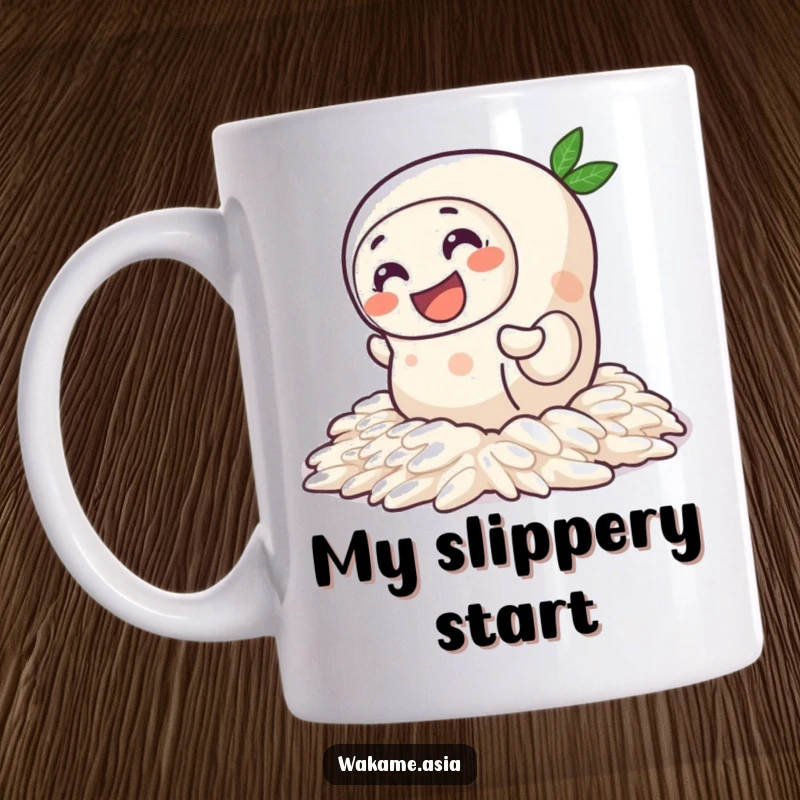 Funny Spring Roll Rice Mug: A cheerful spring roll character humorously wiggling across slippery rice, bringing joy to your coffee cup.