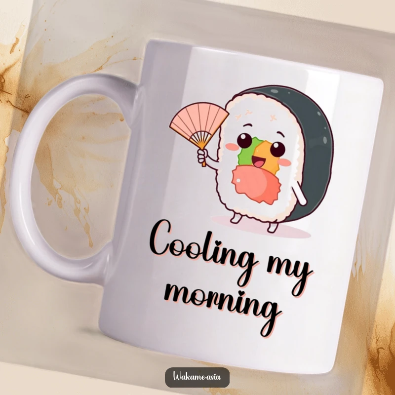 Funny mug with a cheerful sushi roll character waving a small fan in a gentle, playful breeze.