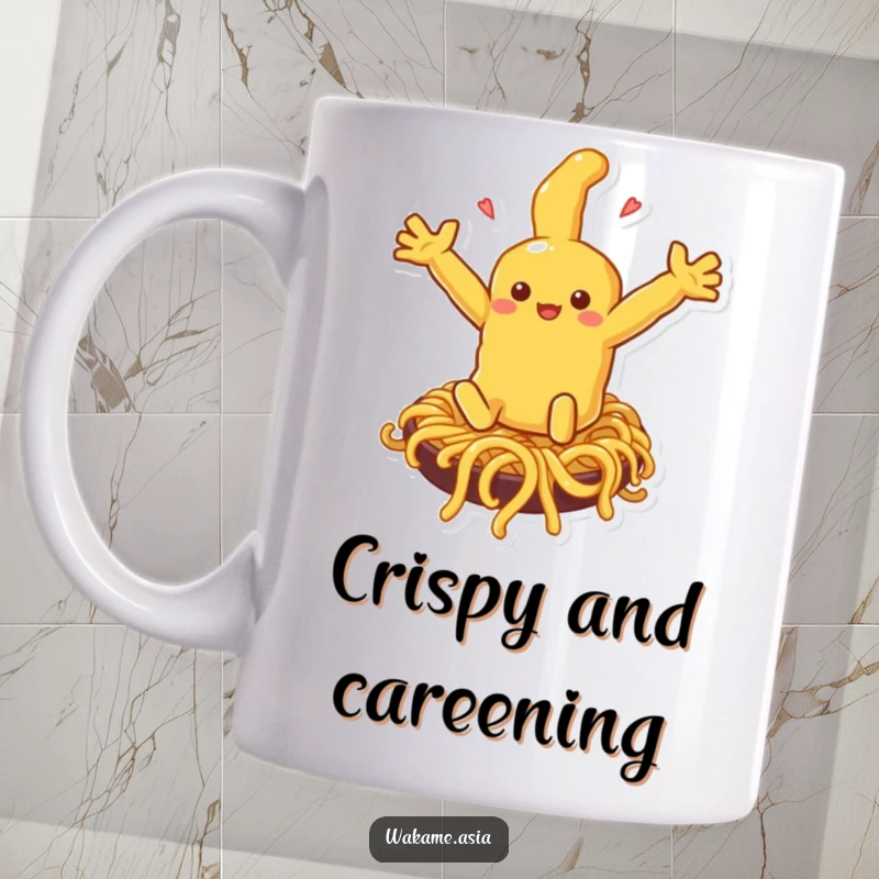 Funny tempura character joyfully sliding down a spaghetti noodle slide on a mug, arms out, in a humorous cartoon style.