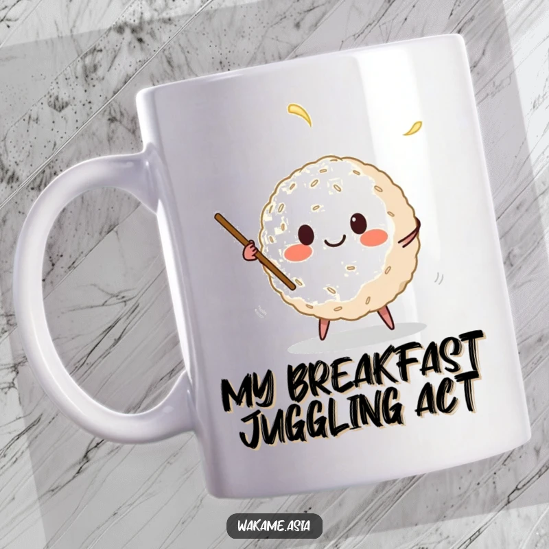 Funny mug featuring an ecstatic anthropomorphic rice ball gleefully juggling chopsticks, showcasing a playful and comical food character.