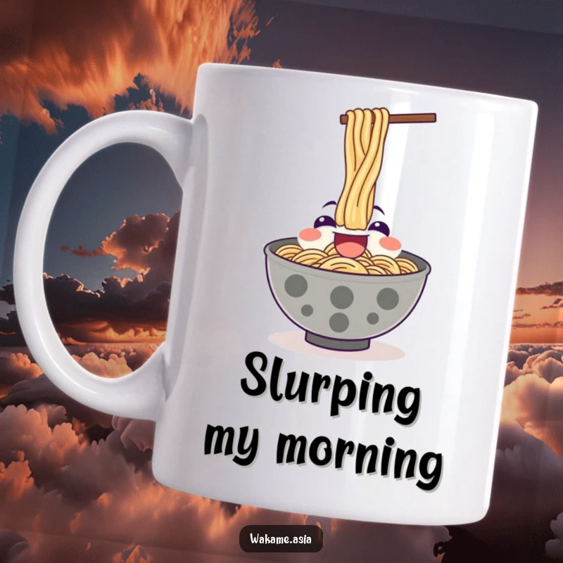 Funny mug featuring a happy ramen bowl character enthusiastically slurping noodles upwards with great delight.