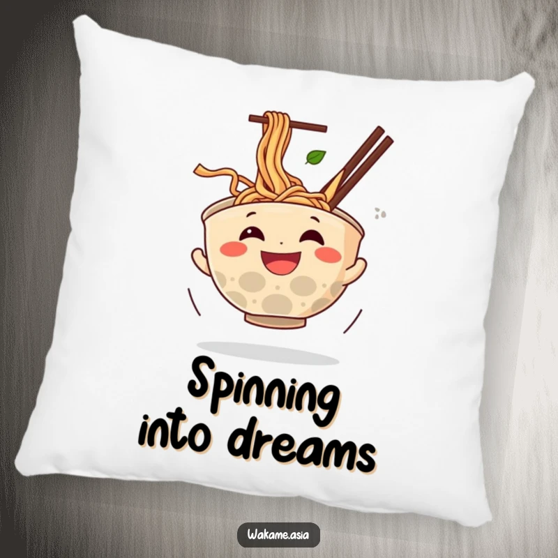 Funny decorative pillow featuring a grinning anthropomorphic ramen bowl spinning with noodles flying, offering comfort and comedic charm.