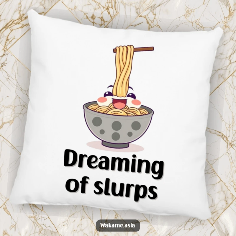 Funny pillow depicting a happy ramen bowl character enthusiastically slurping noodles upwards.