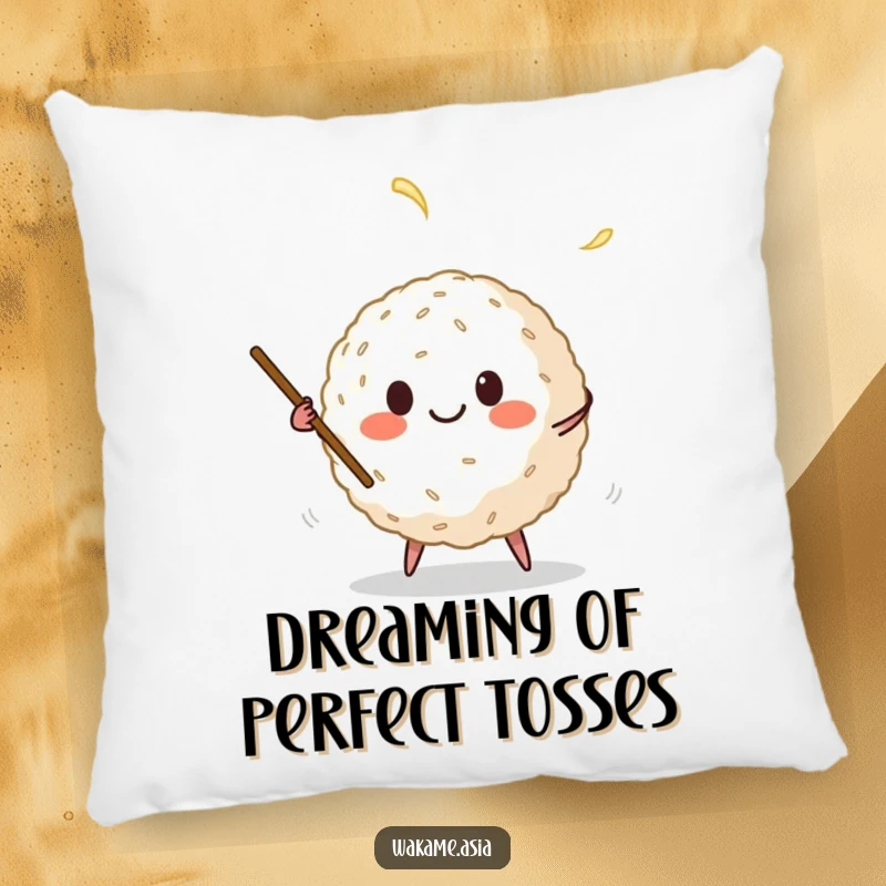 Funny pillow featuring a jovial anthropomorphic rice ball juggling chopsticks, a soft and humorous decorative cushion for any home.