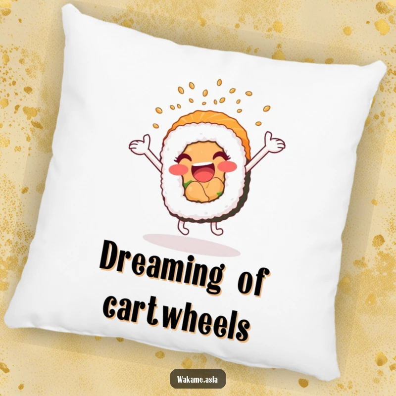Funny accent pillow featuring a cartwheeling, anthropomorphic sushi roll showering sesame seeds, perfect for comfy, fun decor.