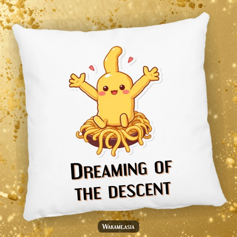 A soft, comfortable pillow featuring a funny tempura character sliding down a noodle slide, arms wide in comedic delight.