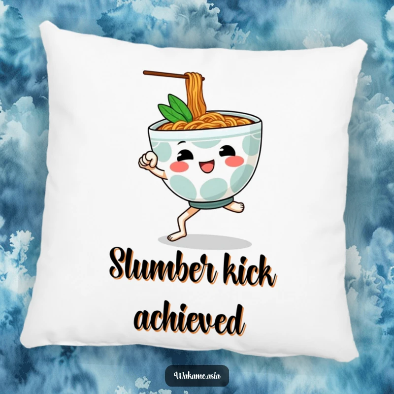 Funny accent pillow featuring a cheerful, anthropomorphic ramen bowl with legs performing a martial arts kick, perfect for comfy, fun decor.