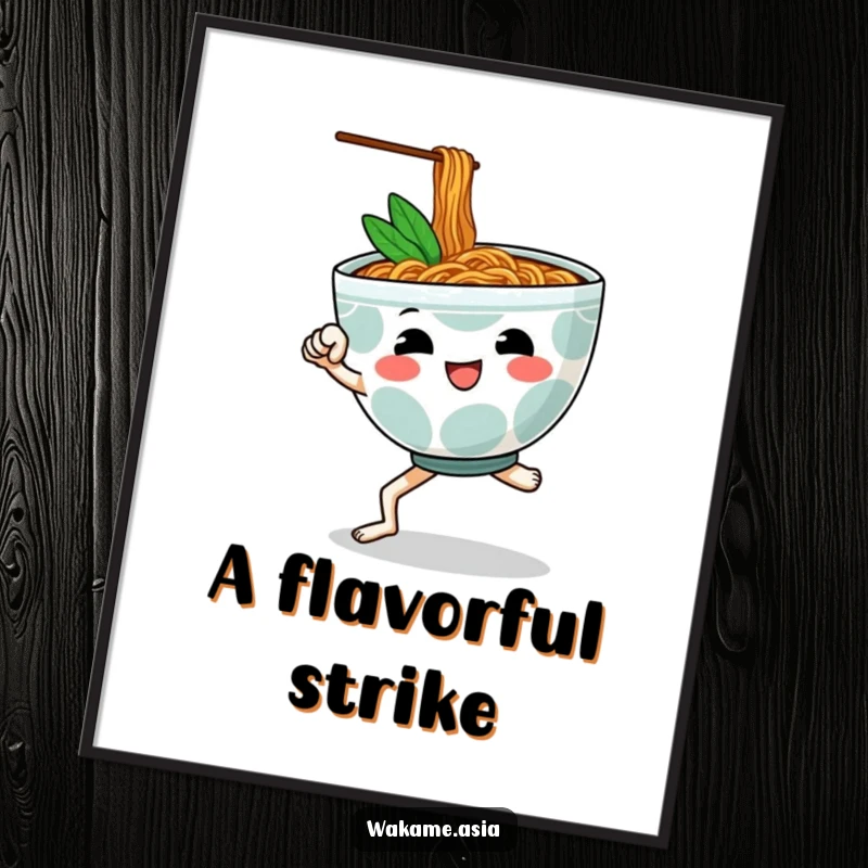 Funny digital art print of a cheerful, anthropomorphic ramen bowl with legs performing a martial arts kick, adding instant action.