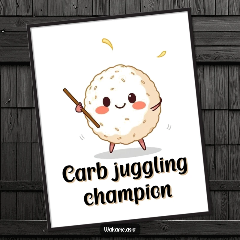 Funny digital art print of a smiling anthropomorphic rice ball juggling chopsticks, a humorous and downloadable food character illustration.