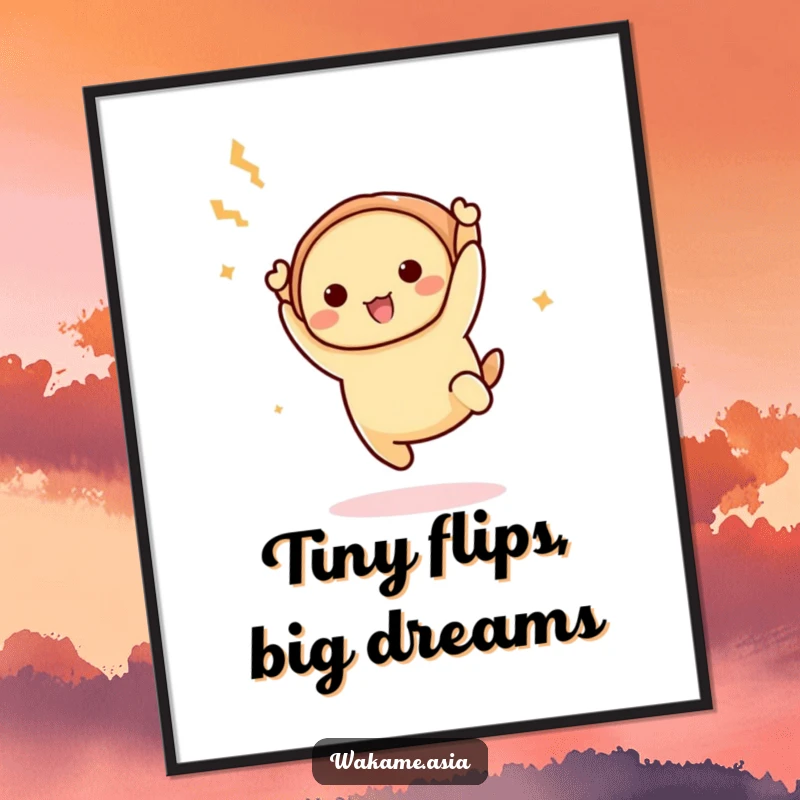 Funny Dim Sum Acrobat Digital Art Print: High-resolution artwork of a jovial dim sum character executing a spectacular acrobatic flip.