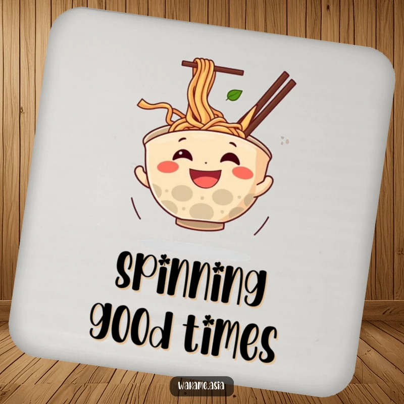 Funny coasters featuring a grinning anthropomorphic ramen bowl spinning with noodles flying, protecting surfaces with humorous food-themed charm.
