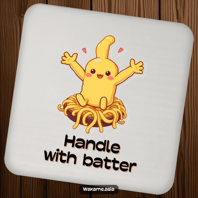 Funny tempura character joyfully sliding down a noodle slide on a drink coaster, protecting surfaces with humor.