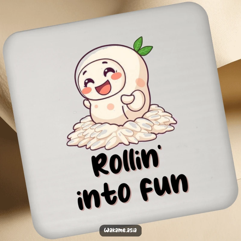 Funny Spring Roll Rice Drink Coaster: A humorous coaster featuring a spring roll character amusingly wiggling on slick rice, great for protecting tables.
