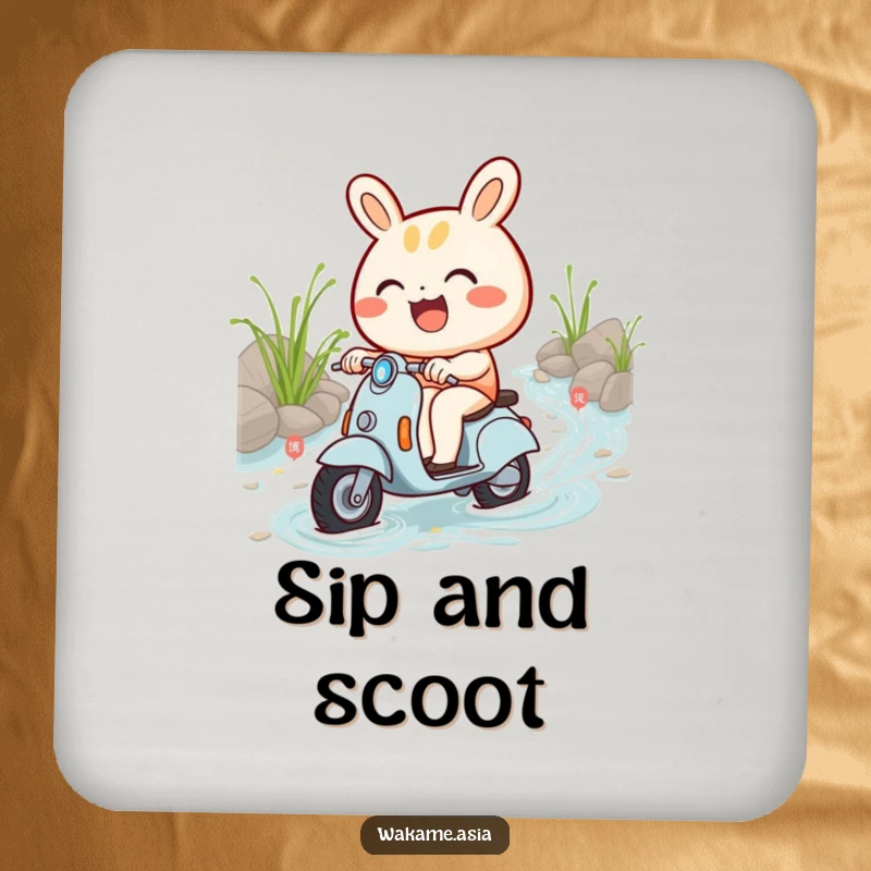 Funny drink coasters featuring a smiling bao bun character riding a miniature scooter through a fun noodle stream.