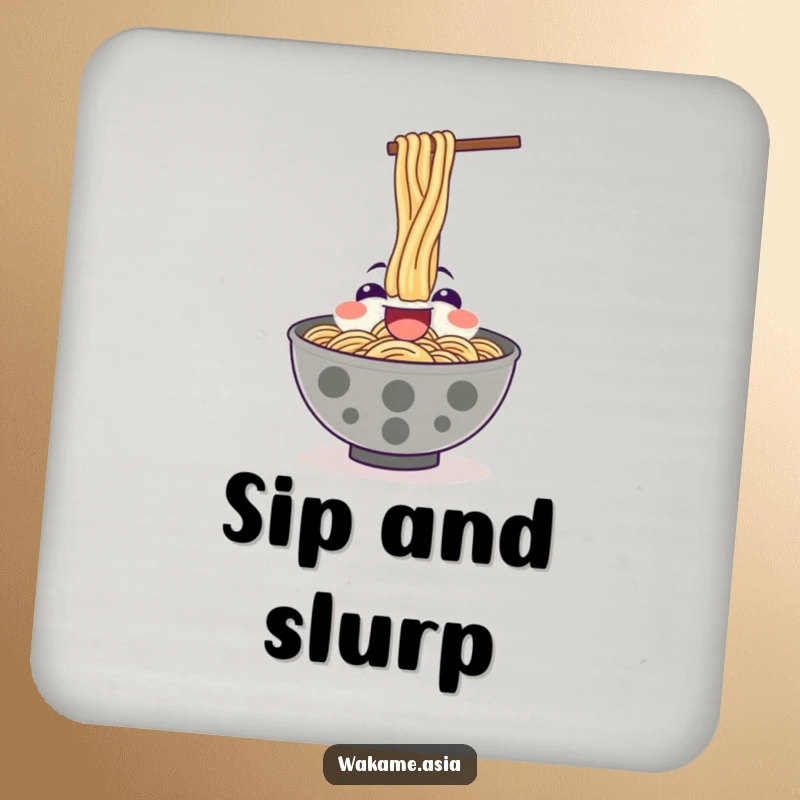 Funny drink coasters featuring a happy ramen bowl character enthusiastically slurping noodles upwards.