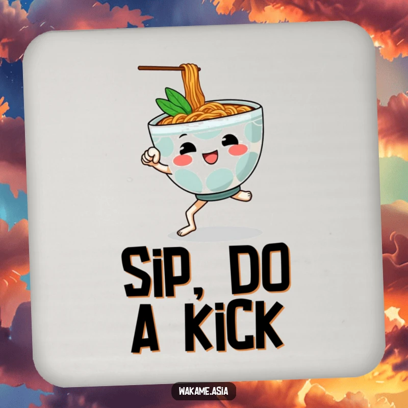 Funny coaster set featuring a cheerful, anthropomorphic ramen bowl performing a martial arts kick, protecting surfaces with humor.