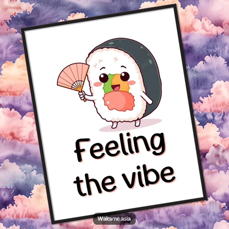Funny poster featuring a cheerful sushi roll character waving a miniature fan in a playful breeze.