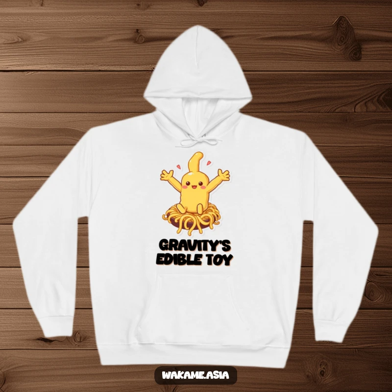 Funny tempura character in a hoodie, arms flailing as it slides down a noodle slide, evoking warmth and laughter.
