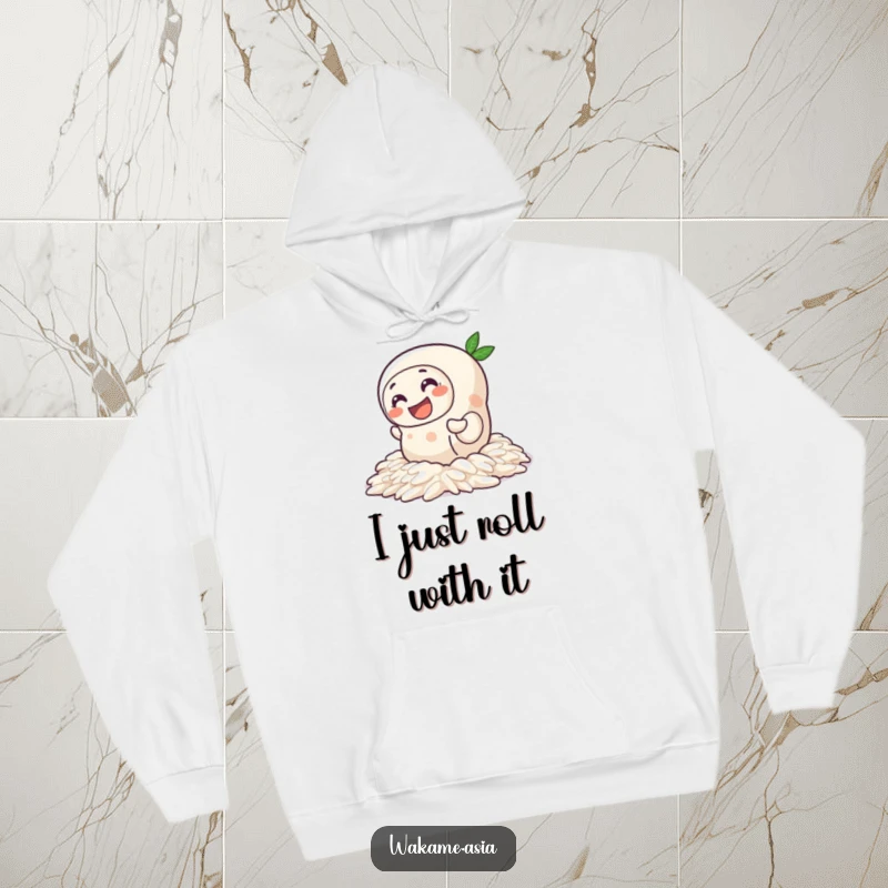 Funny Spring Roll Rice Hoodie: A soft and warm hoodie featuring a joyful spring roll character humorously wiggling across a bed of slick rice.
