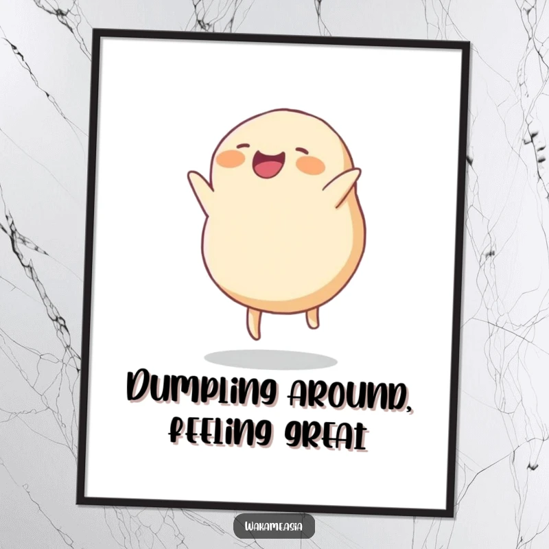 Funny Free Printable Wall Art: A smiling anthropomorphic dumpling with tiny legs in mid-somersault, radiating happiness.