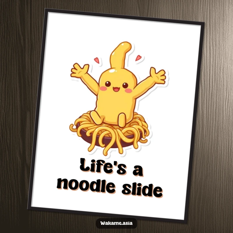 Funny Free Printable Wall Art: whimsical tempura character comically sliding down a slippery noodle slide, a delightful digital download.
