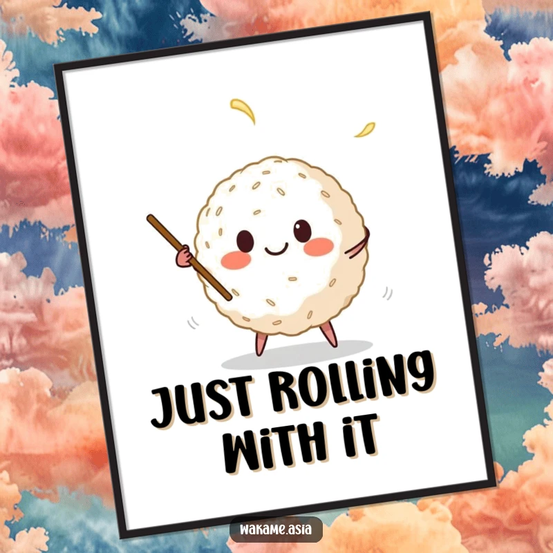 Funny Free Printable Wall Art: Charming anthropomorphic rice ball character mid-juggle with chopsticks, adding quirky decor.