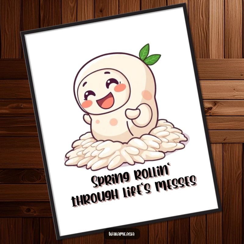 Funny Free Printable Wall Art depicting a joyful spring roll character wiggling energetically across rice.