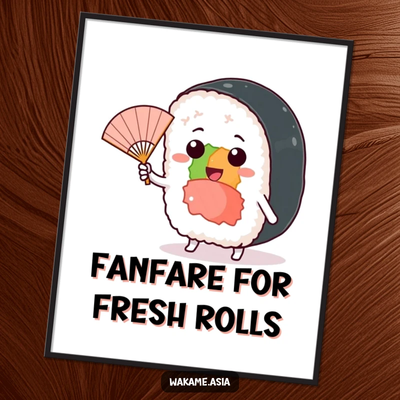 Funny Free Printable Wall Art: A cheerful Sushi roll character waves a miniature fan in a playful breeze, bringing lighthearted charm.