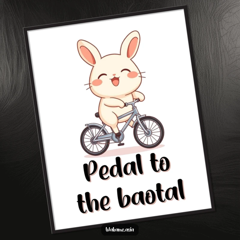 Funny Free Printable Wall Art: a happy, stubby-legged bao bun comically attempts to ride a miniature bicycle, a delightful digital art print.