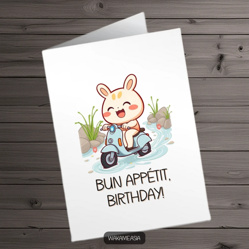 Funny Free Printable Birthday Card: Smiling Bao Bun gleefully riding a miniature scooter through a noodle stream, delivering birthday joy.
