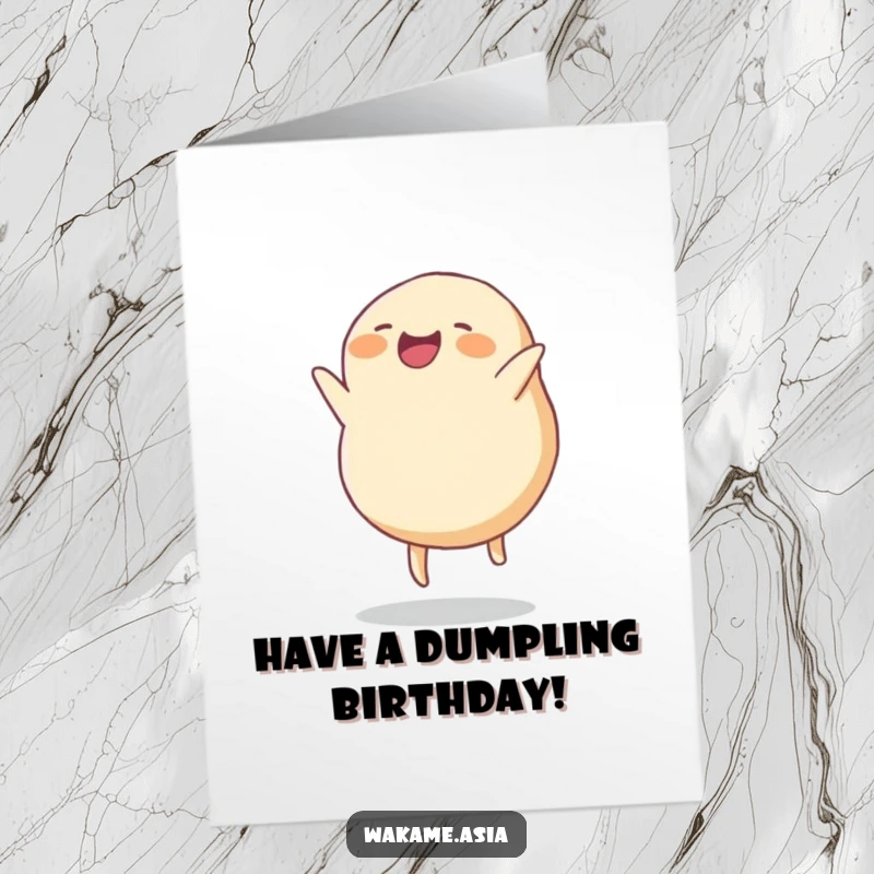 Funny Free Printable Birthday Card: A smiling dumpling with tiny legs happily performing a somersault, celebrating a birthday.