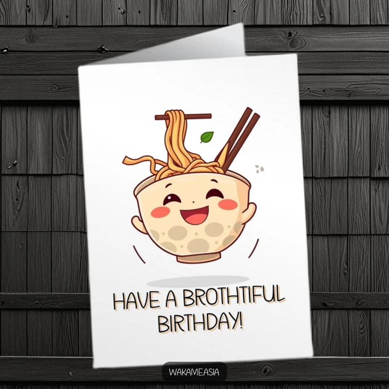 Funny Free Printable Birthday Card: Joyful ramen bowl character spinning with delight, noodles flying in celebration.