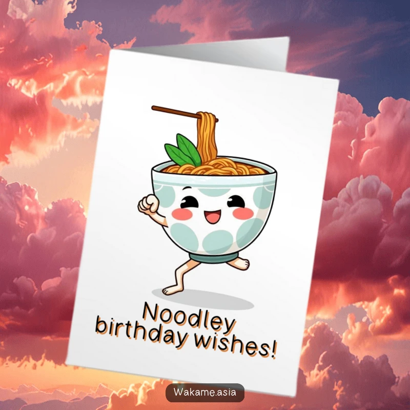 Funny Free Printable Birthday Card: Anthropomorphic ramen bowl with legs kicking powerfully, celebrating a birthday with gusto.