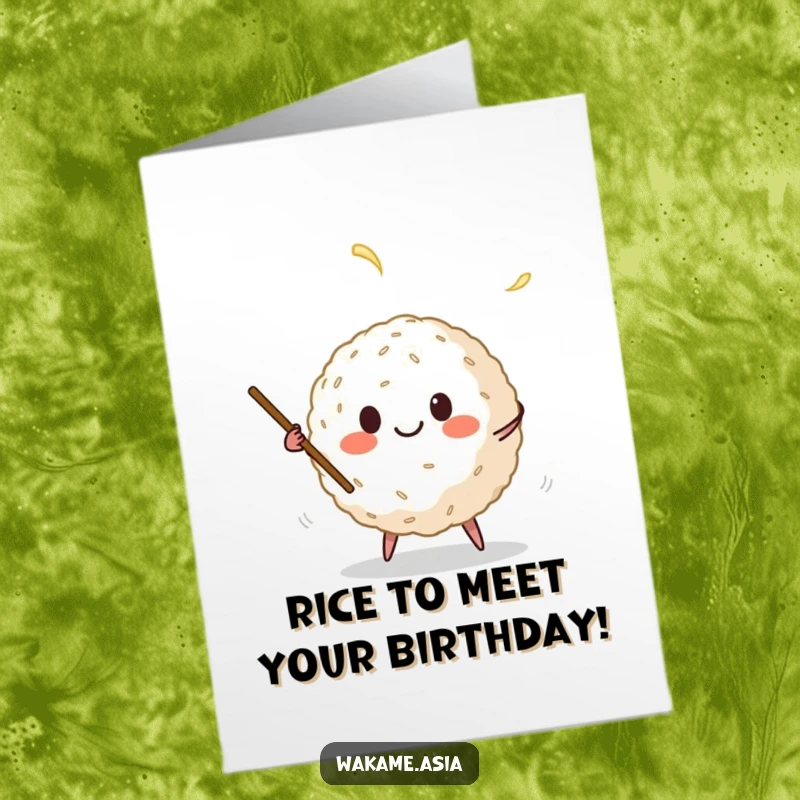 Funny Free Printable Birthday Card: Adorable rice ball character energetically juggling chopsticks, bringing joy and laughter.