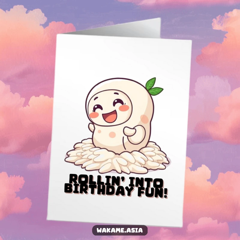 Funny Free Printable Birthday Card featuring a joyful spring roll character humorously wiggling across rice.