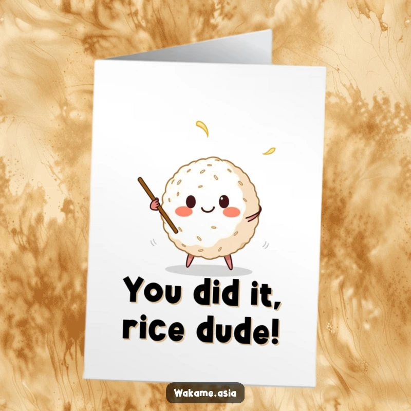 Funny Free Printable Congratulations Card: Cute rice ball character gleefully juggling chopsticks, celebrating a big win.