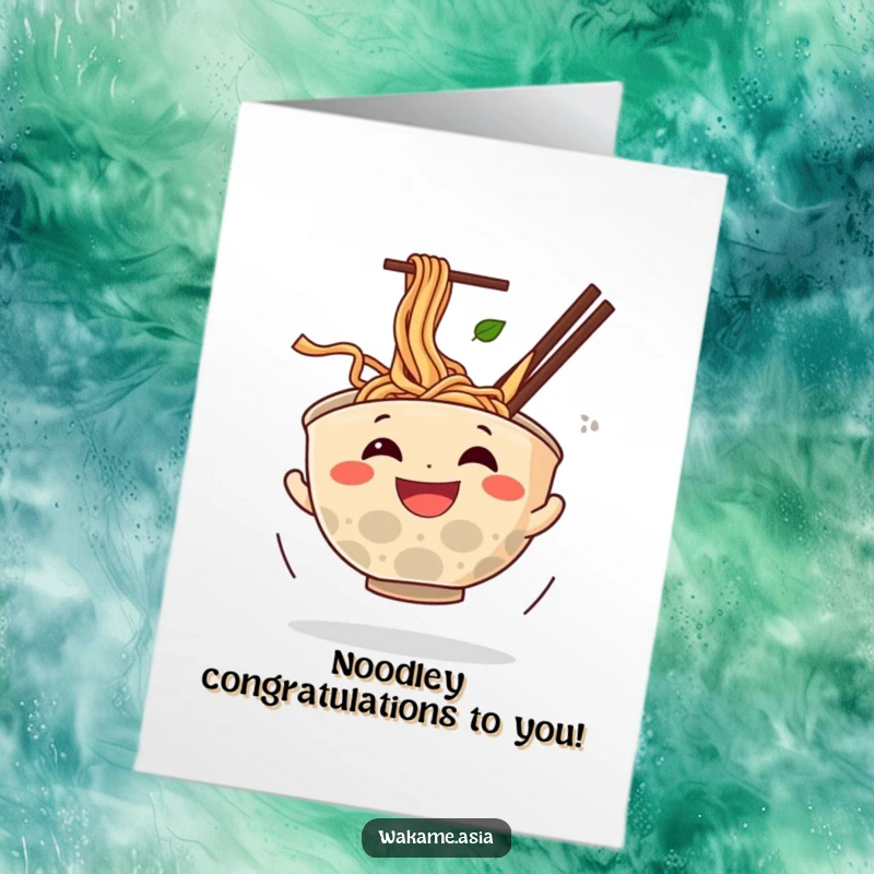 Funny Free Printable Congratulations Card: Cheerful ramen bowl character in a happy spin, noodles swirling with excitement.