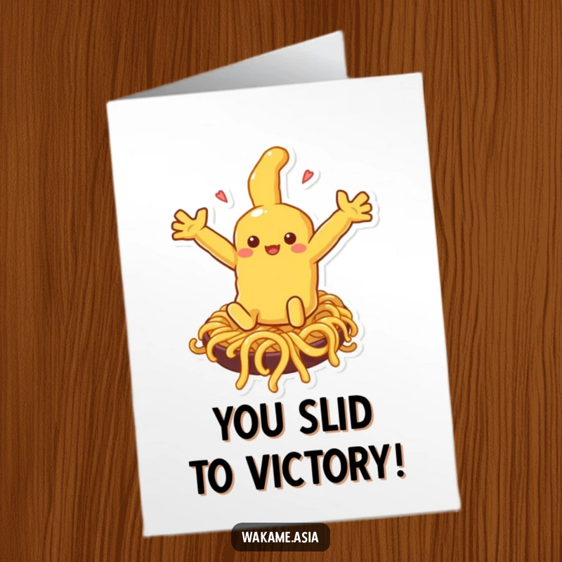 Funny Free Printable Congratulations Card showing a tempura sliding on noodles, celebrating a big win with a comical descent.