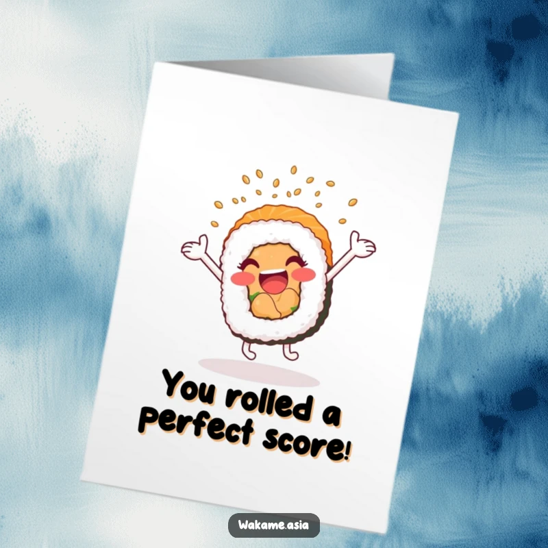 Funny Free Printable Congratulations Card: An anthropomorphic sushi roll cartwheeling with excitement, showering sesame seeds, celebrating a win.